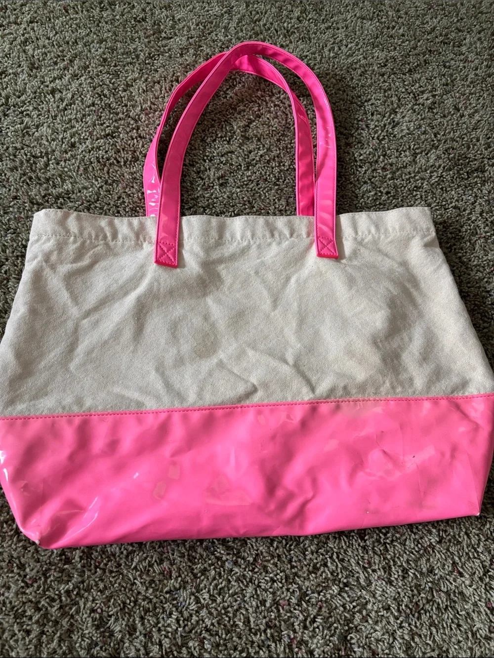 Victoria's Secret Cream & Neon Pink Canvas Beach Tote Bag